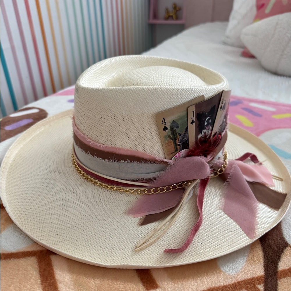 Stetson Cream and Pink Straw Hat with Ribbon